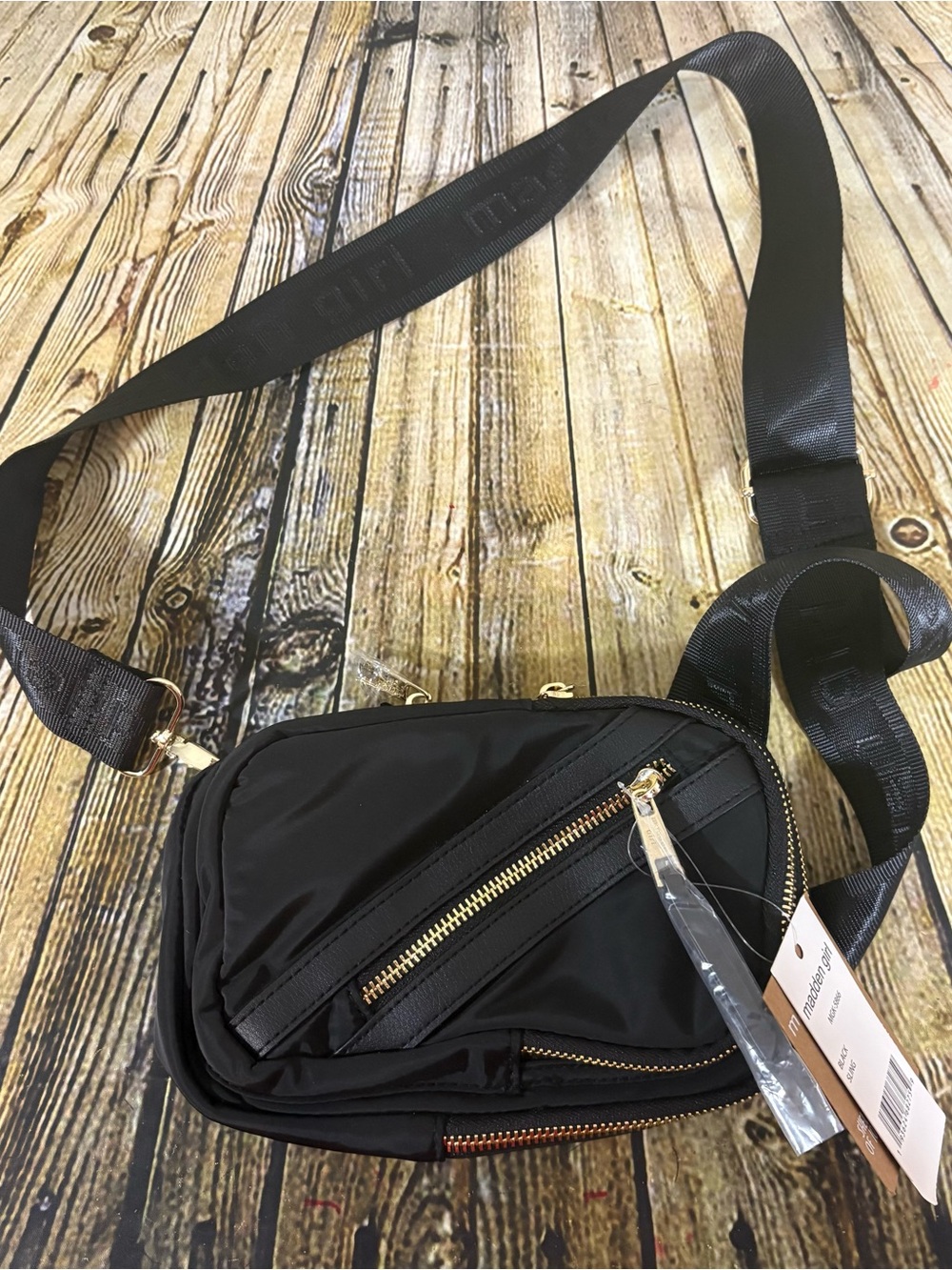 Madden Girl Black Sling Bag Gold Hardware New